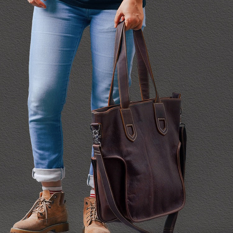Large Capacity Top-Grain Cowhide Tote Bag, Genuine Leather Shoulder Bag, Length 17.7 In