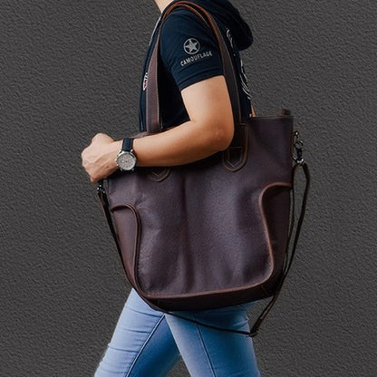 Large Capacity Top-Grain Cowhide Tote Bag, Genuine Leather Shoulder Bag, Length 17.7 In