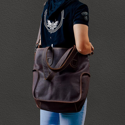 Large Capacity Top-Grain Cowhide Tote Bag, Genuine Leather Shoulder Bag, Length 17.7 In