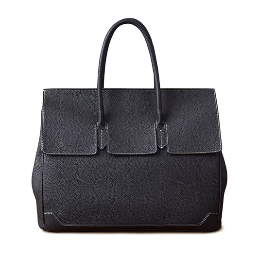 Large black leather work tote bag with two handles and stylish flap design, perfect for professional use.