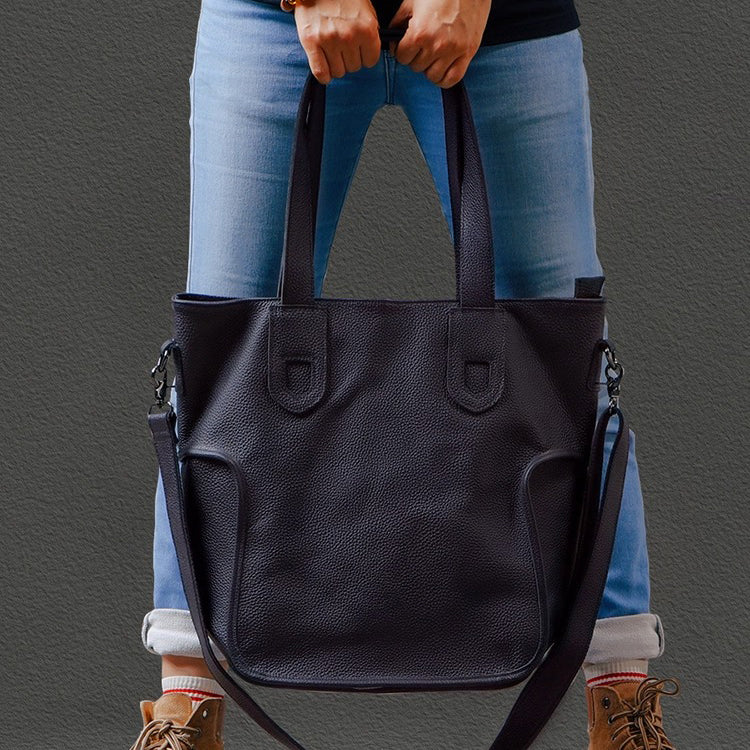 Large Capacity Top-Grain Cowhide Tote Bag, Genuine Leather Shoulder Bag, Length 17.7 In