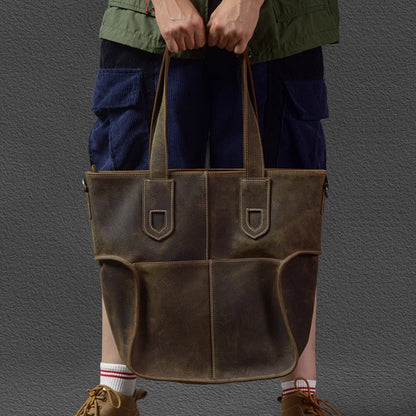 Large Capacity Top-Grain Cowhide Tote Bag, Genuine Leather Shoulder Bag, Length 17.7 In