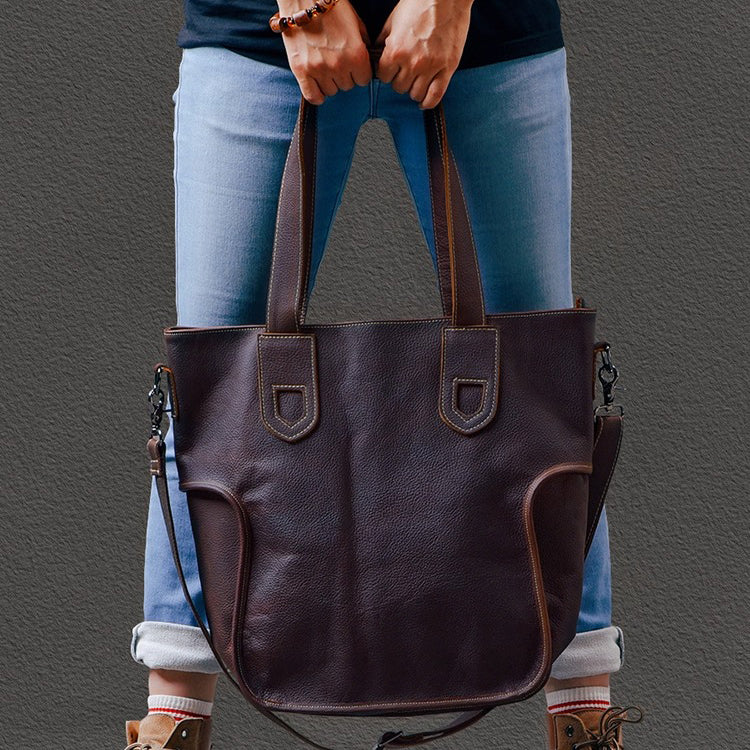 Large Capacity Top-Grain Cowhide Tote Bag, Genuine Leather Shoulder Bag, Length 17.7 In