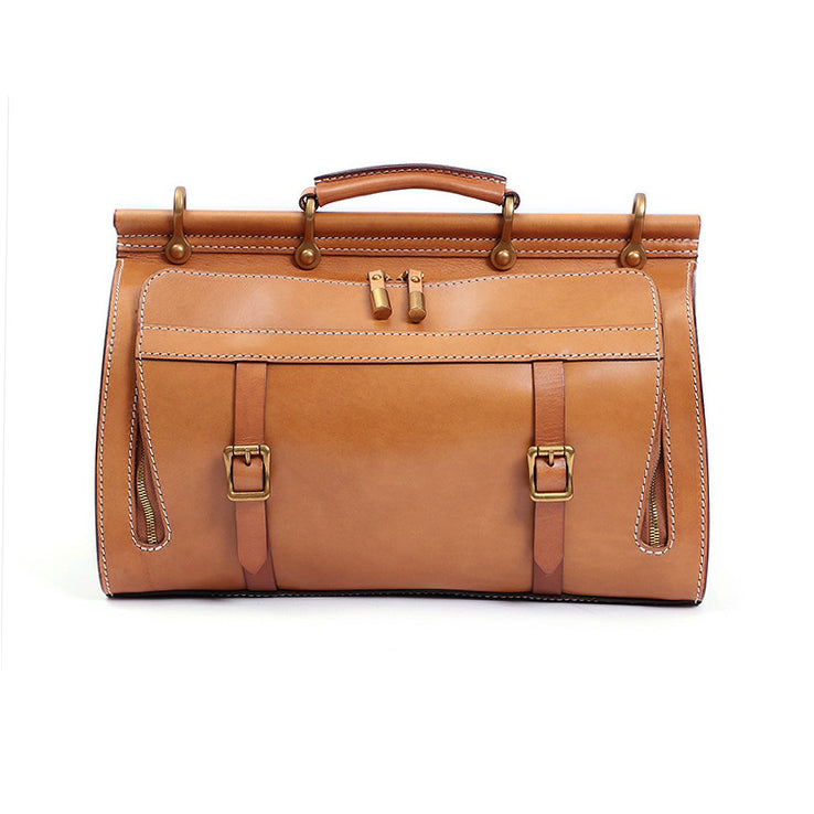 Full Grain Italian Vegetable Tanned Leather Large Travel Bag, Vintage Shoulder Bag Suitcase, Length 15.6 In Yellow Brown