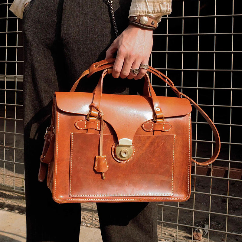 Italian Genuine leather Vintage Briefcase,Men's Shoulder Crossbody Briefcase Laptop Bag,14.4in Length-i7bags