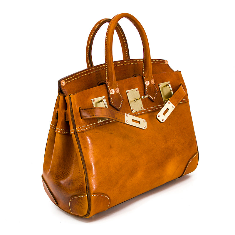 Leather Large Tote Bag, classic tan leather handbag with gold accents and dual handles, ideal for daily use.