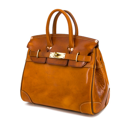 Leather Large Tote Bag in warm brown with stylish design, featuring dual handles and a secure buckle closure.