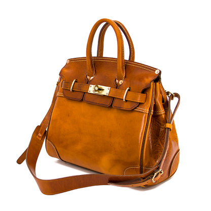 Leather Large Tote Bag in a rich tan color with stylish design and shoulder strap, showcasing a classic leather handbag.