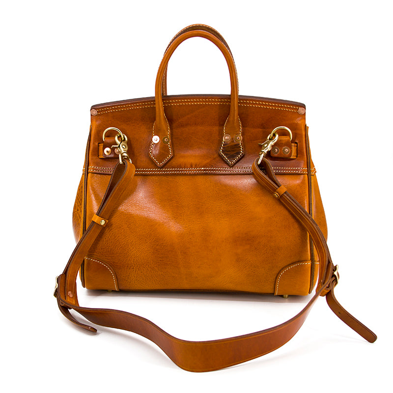 Leather Large Tote Bag in tan color featuring dual handles and a detachable strap.
