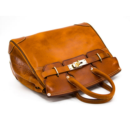 Leather Large Tote Bag in a rich tan color showcasing elegant design and spacious interior.