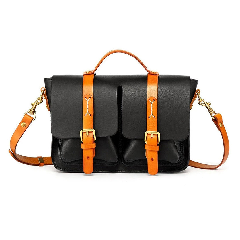 Leather Cambridge Satchel,Unisex Color-Block Crossbody Cambridge Leather Bag,For Women For Men-i7bags Black