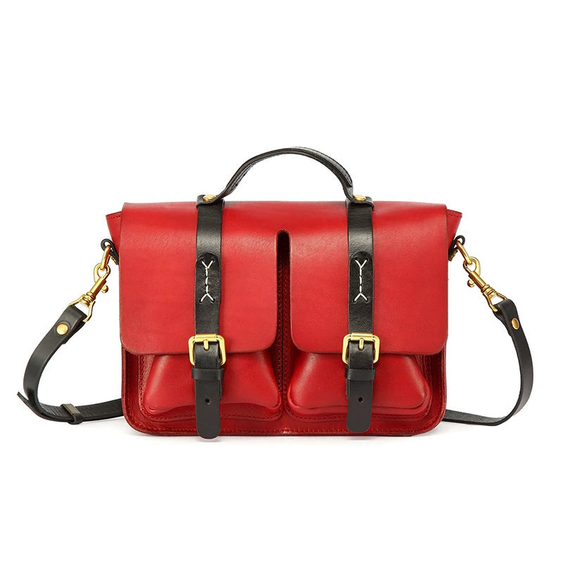 Leather Cambridge Satchel,Unisex Color-Block Crossbody Cambridge Leather Bag,For Women For Men-i7bags Red