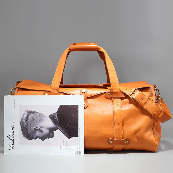 Men's Vegetable Tanned Leather Travel Bag, Genuine Leather Hand-Held Crossbody Luggage Bag,20.9in Length-i7bags