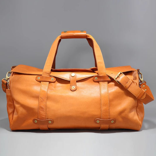 Men's Vegetable Tanned Leather Travel Bag, Genuine Leather Hand-Held Crossbody Luggage Bag,20.9in Length-i7bags