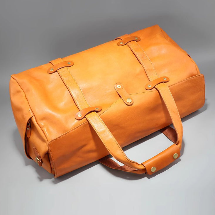 Men's Vegetable Tanned Leather Travel Bag, Genuine Leather Hand-Held Crossbody Luggage Bag,20.9in Length-i7bags