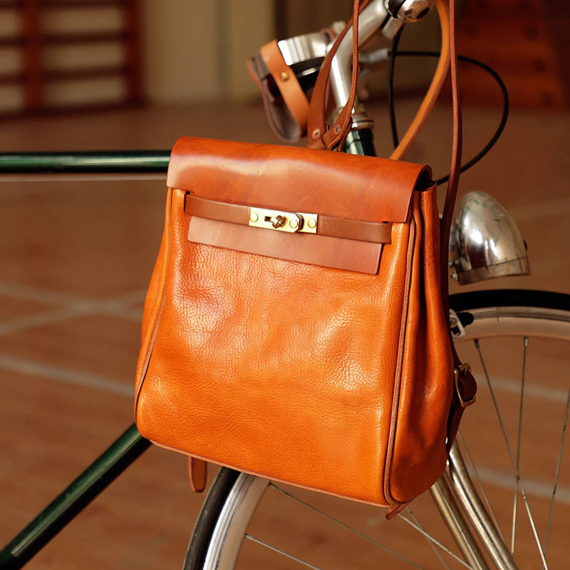 Vegetable tanned leather backpack for women, small rucksack hanging on a bicycle, 11.0in, stylish and functional.