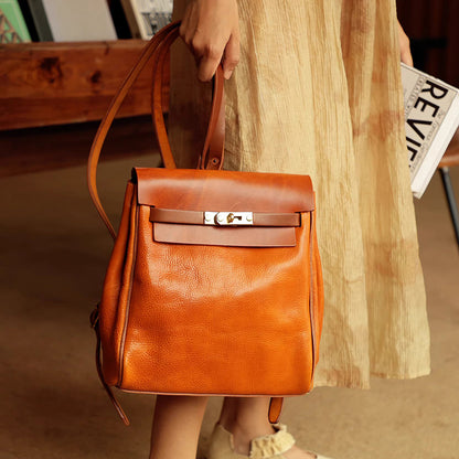 Leather Backpack Women stylish vegetable tanned leather backpack in orange, perfect for daily use and casual outings.