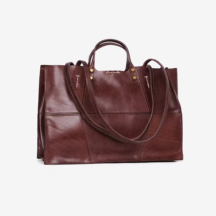 Italian Leather Tote Bag, Large Capacity Leather Shoulder Bag For Women, Vegetable Tanned Leather Handmade Bag-i7bags Dark Brown
