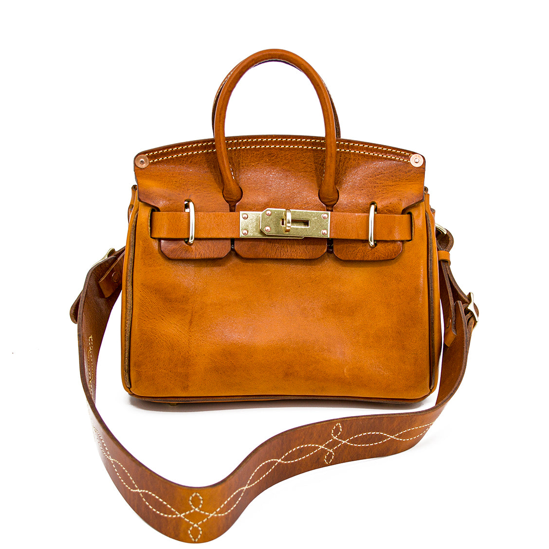 Handcrafted Italian Leather Crossbody Bag Women with gold buckle and detachable strap in tan color.