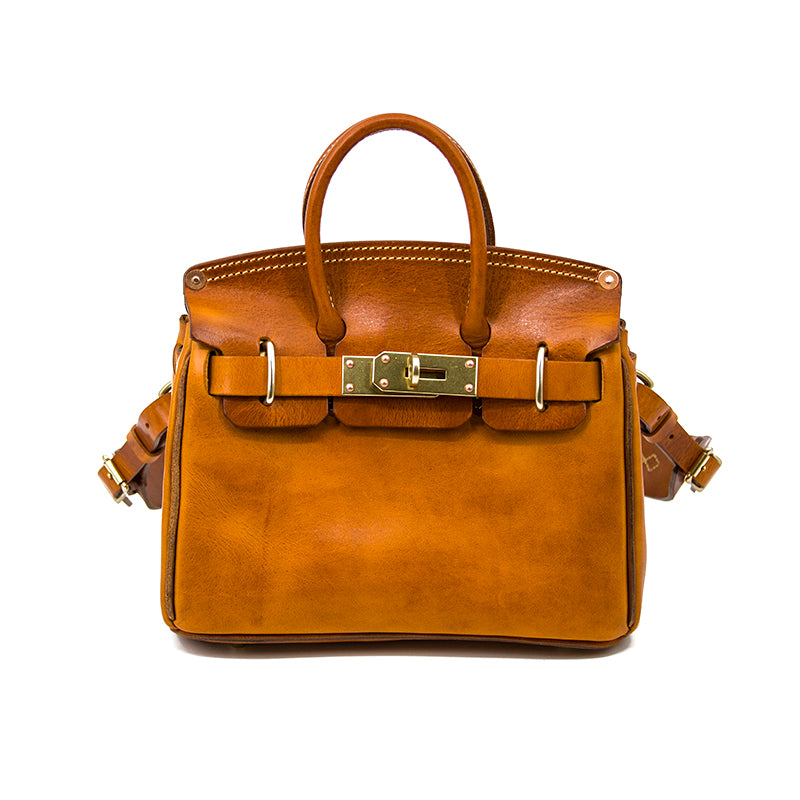 Handcrafted Italian leather crossbody bag women, 10.6 in small purse with golden hardware and dual handles.