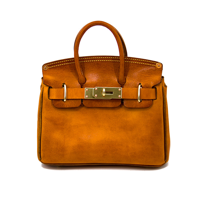 Handcrafted Italian Leather Crossbody Bag Women in vibrant orange color with gold accents and double handles.