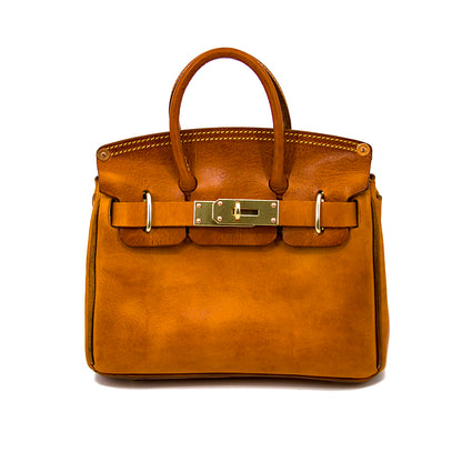 Handcrafted Italian Leather Crossbody Bag Women in vibrant orange color with gold accents and double handles.