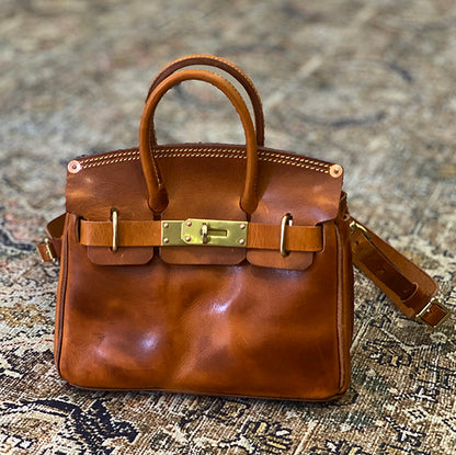 Handcrafted Italian Leather Crossbody Bag Women with brass accents and handle, 10.6in small purse