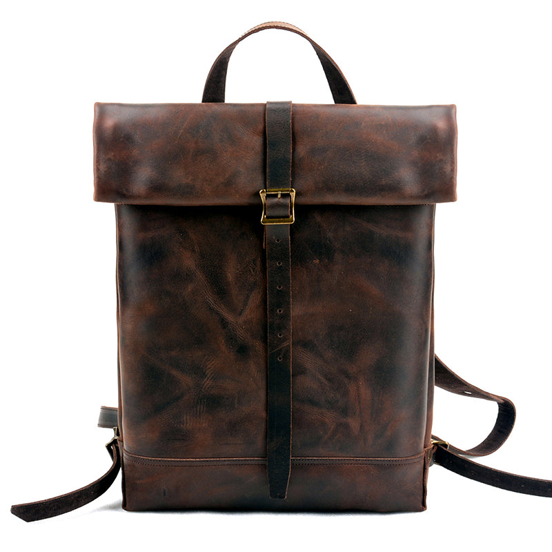 Large Leather Laptop Backpack,Outdoor Travel Roll-Top Leather Backpack,17.7in Height-i7bags Dark Brown Crazy Horse Leather