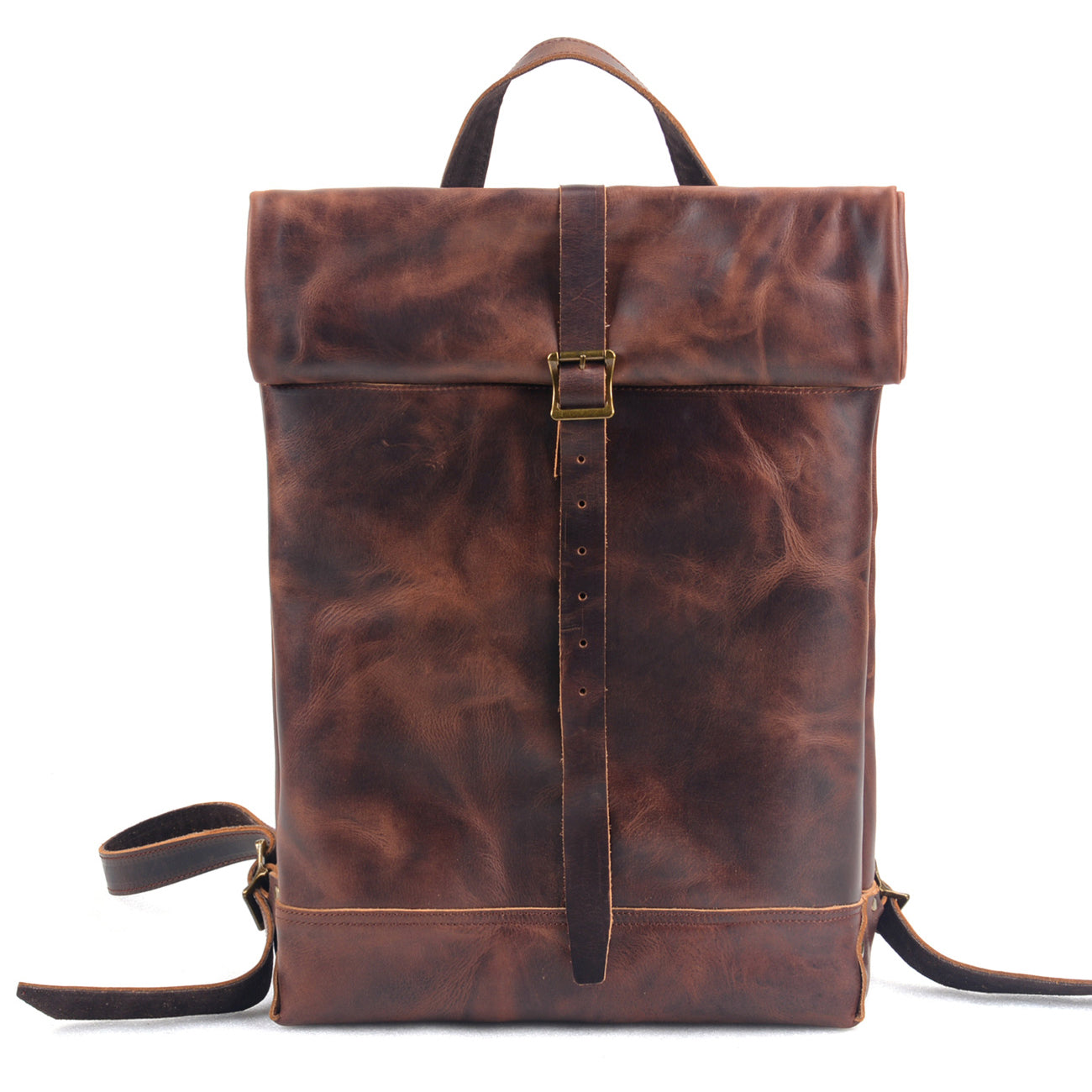 Large Leather Laptop Backpack,Outdoor Travel Roll-Top Leather Backpack,17.7in Height-i7bags Brown Oil Wax Leather