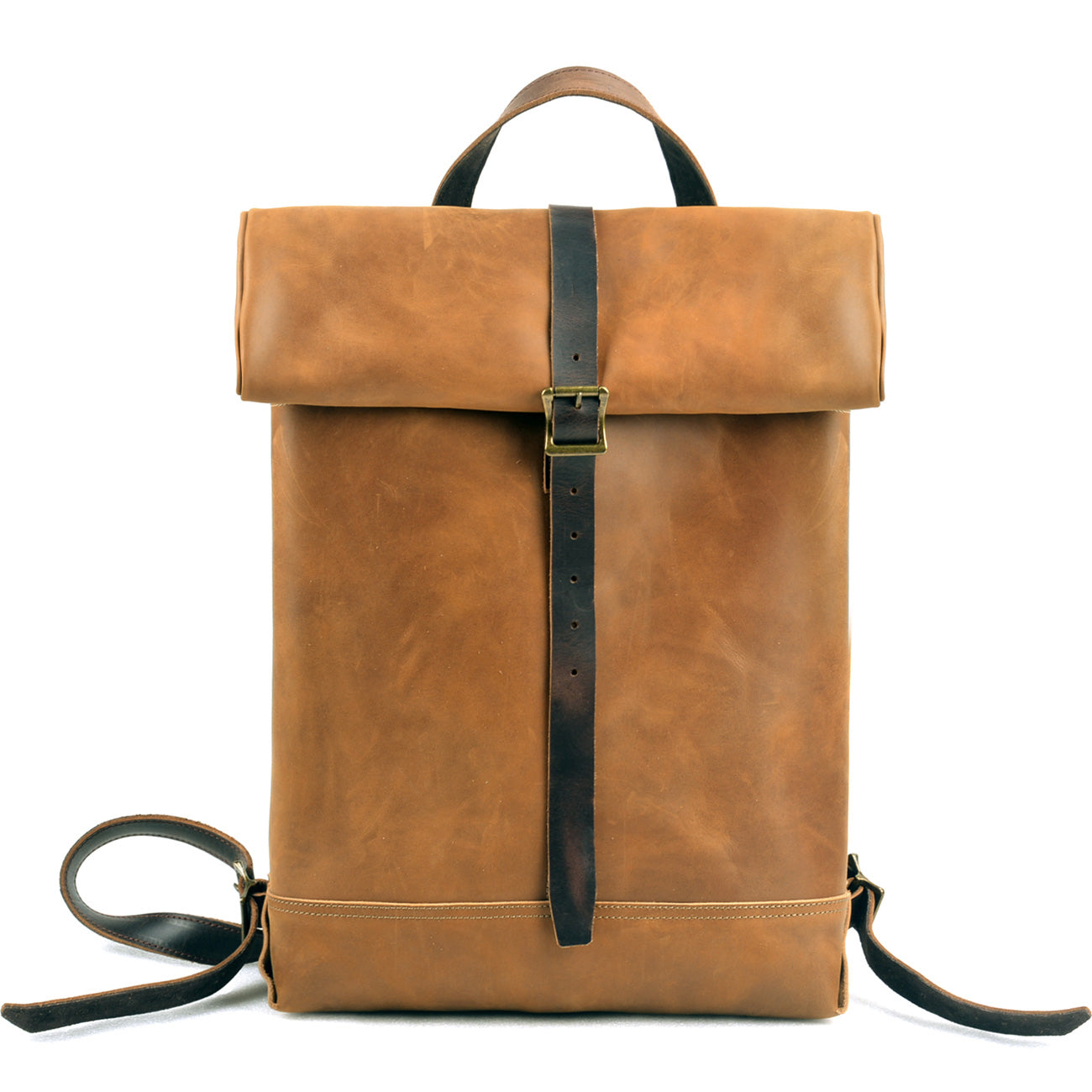 Large Leather Laptop Backpack,Outdoor Travel Roll-Top Leather Backpack,17.7in Height-i7bags Yellow Brown Crazy Horse Leather