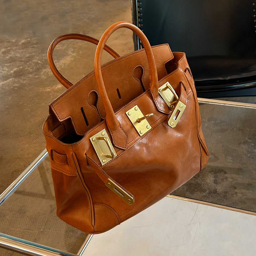 Genuine Leather Tote Bag Women in tan color with gold hardware and handles, perfect for work and everyday use.
