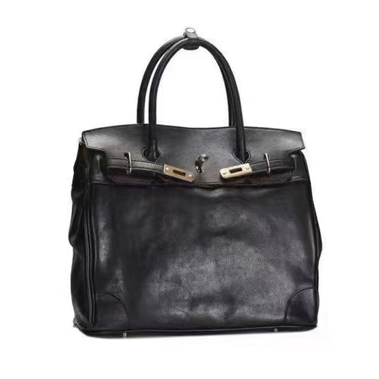 Genuine Leather Tote Bag Women in black, large work bag with dual handles and chic design, perfect for daily use.