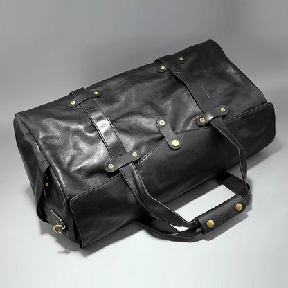 Men's Vegetable Tanned Leather Travel Bag, Genuine Leather Hand-Held Crossbody Luggage Bag,20.9in Length-i7bags