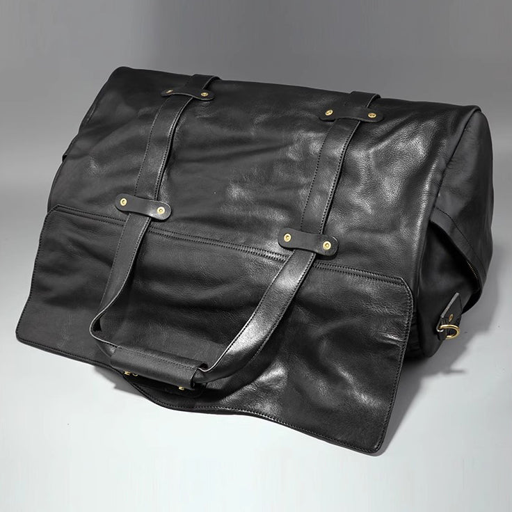 Men's Vegetable Tanned Leather Travel Bag, Genuine Leather Hand-Held Crossbody Luggage Bag,20.9in Length-i7bags