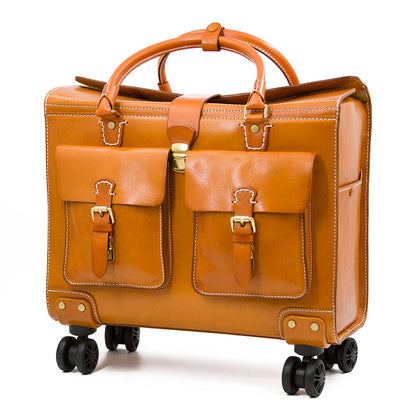 Valise à roulettes en cuir pleine fleur italien tanné végétal, valise vintage pour hommes et femmes, longueur 18,5 pouces