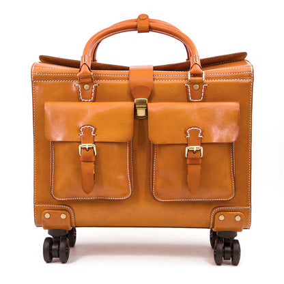 Valise à roulettes en cuir pleine fleur italien tanné végétal, valise vintage pour hommes et femmes, longueur 18,5 pouces