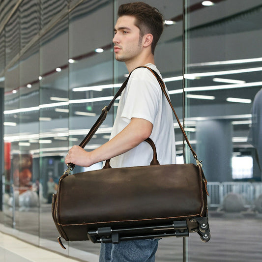 Top-Grain Leather Rolling Suitcase for Business Travel, Luggage with Suit and Shoe Sections, Length 23.2 In