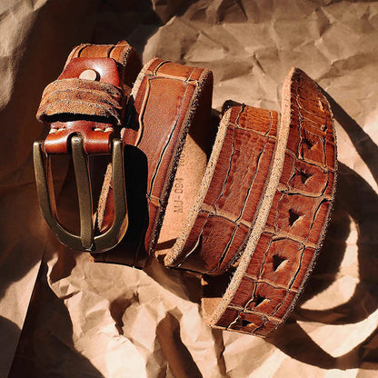 Men's Handmade Distressed Crocodile-Embossed Leather Belt