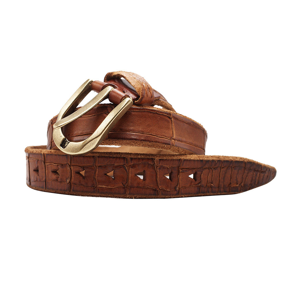 Men's Handmade Distressed Crocodile-Embossed Leather Belt