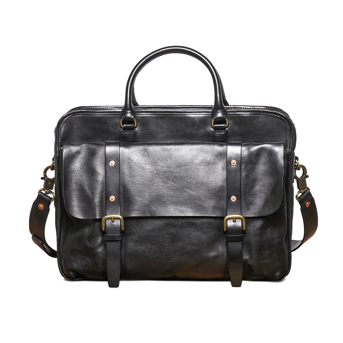 Vintage|Tannery Craft, Retro men's genuine leather handbag, vegetable tanned leather large capacity computer bag, cowhide shoulder messenger business bag, 15.4 in Length Black