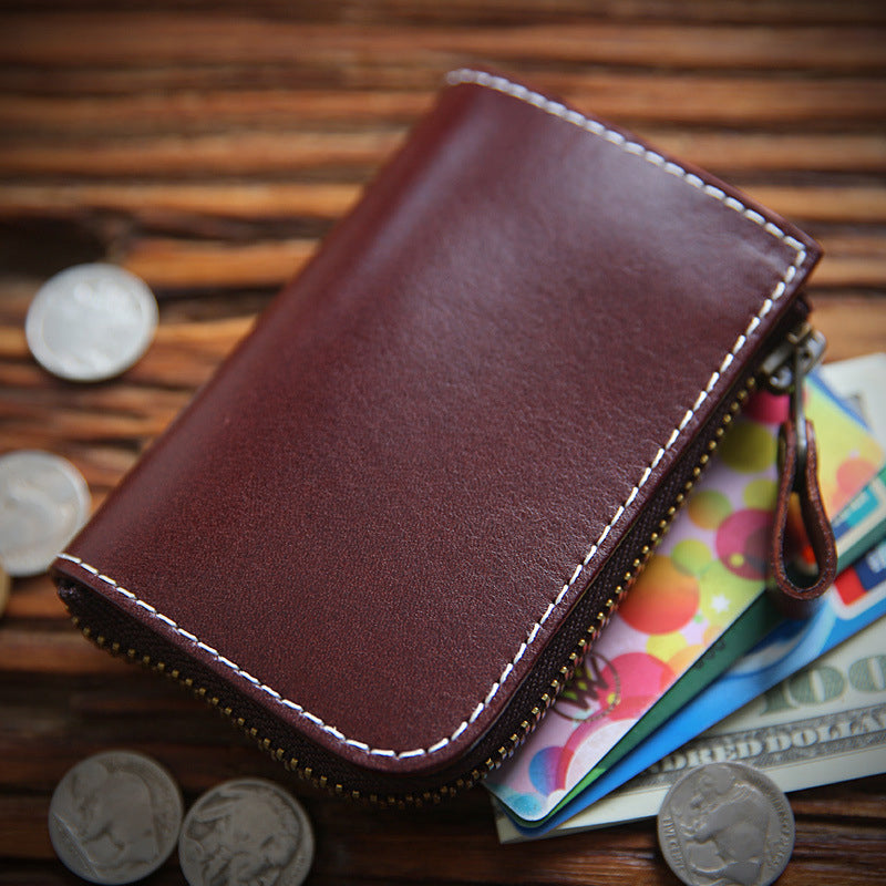Full Grain Leather Short Wallet - Premium Cowhide Compact Purse