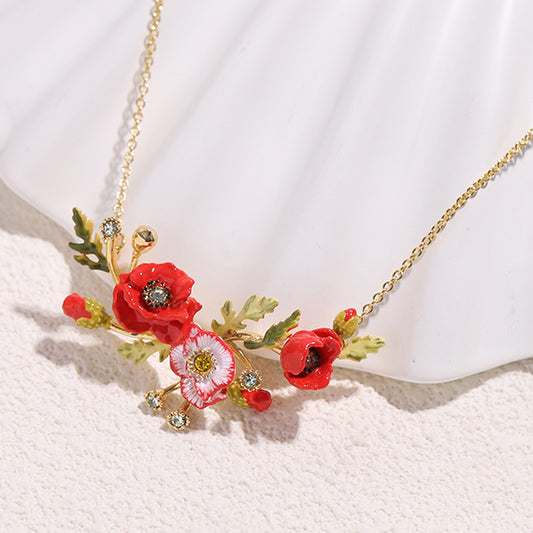 Red Poppies and Snow Lotus Flower Necklace-1