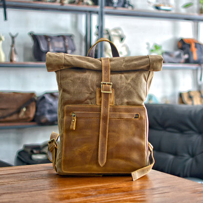 Waxed Canvas Backpack,Leather Canvas Bag,Large Hiking Rucksack For Men-i7bags