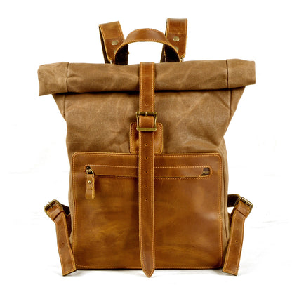 Waxed Canvas Backpack,Leather Canvas Bag,Large Hiking Rucksack For Men-i7bags