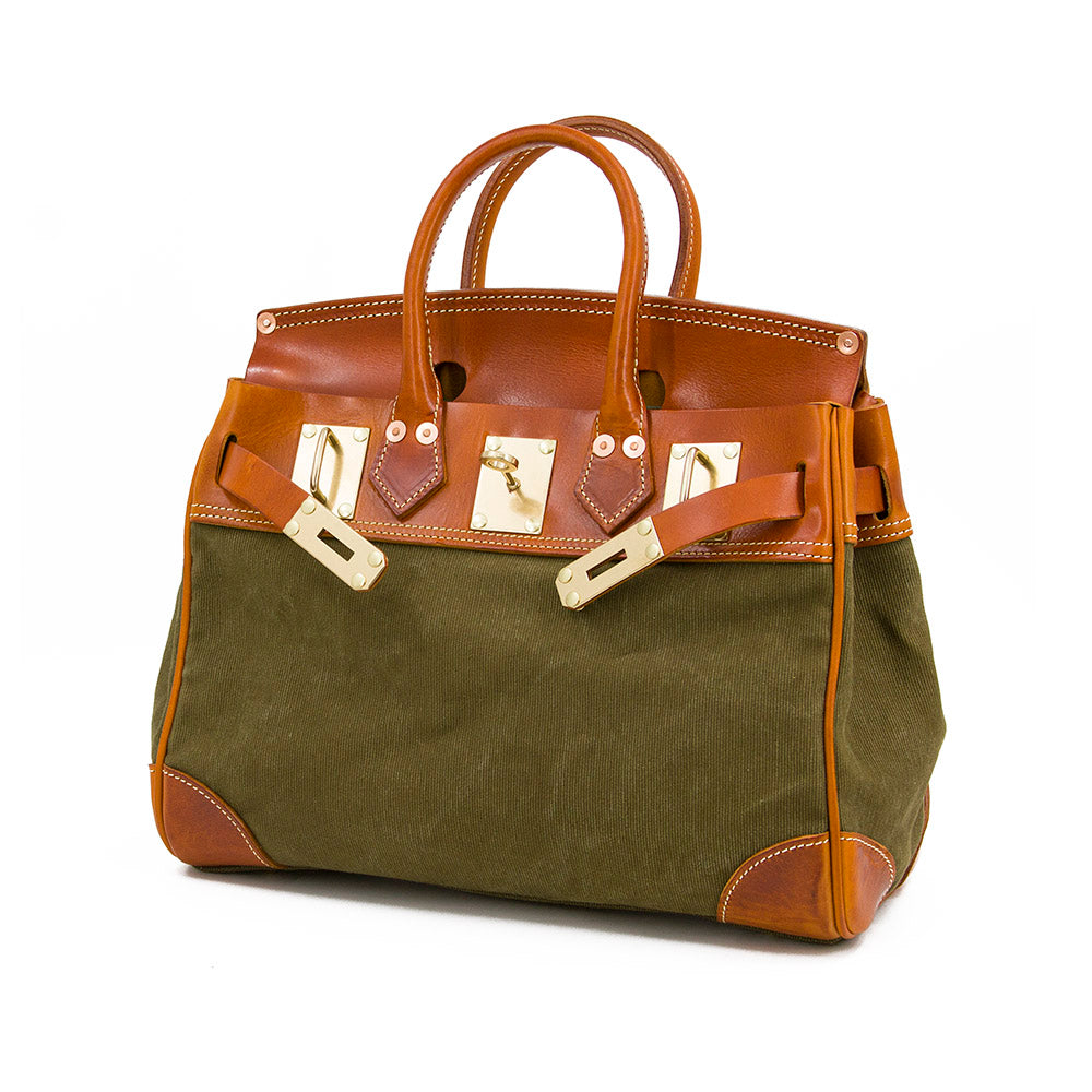 Canvas And Leather Handbags,Canvas Leather Bag,Work Bag,Unisex, 15in - Army Green and Tan Colors