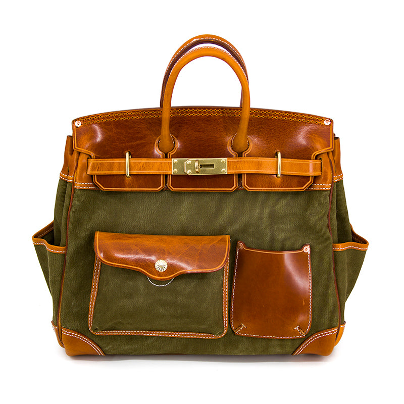 Large Canvas Tote in army green and brown leather with multiple pockets, perfect for travel and everyday use.