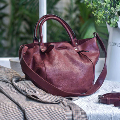 Top Layer Leather Tote Handbag, Soft Genuine Leather Large Capacity Shoulder Bag Crossbody Bag, 13.8 in Length Red Brown