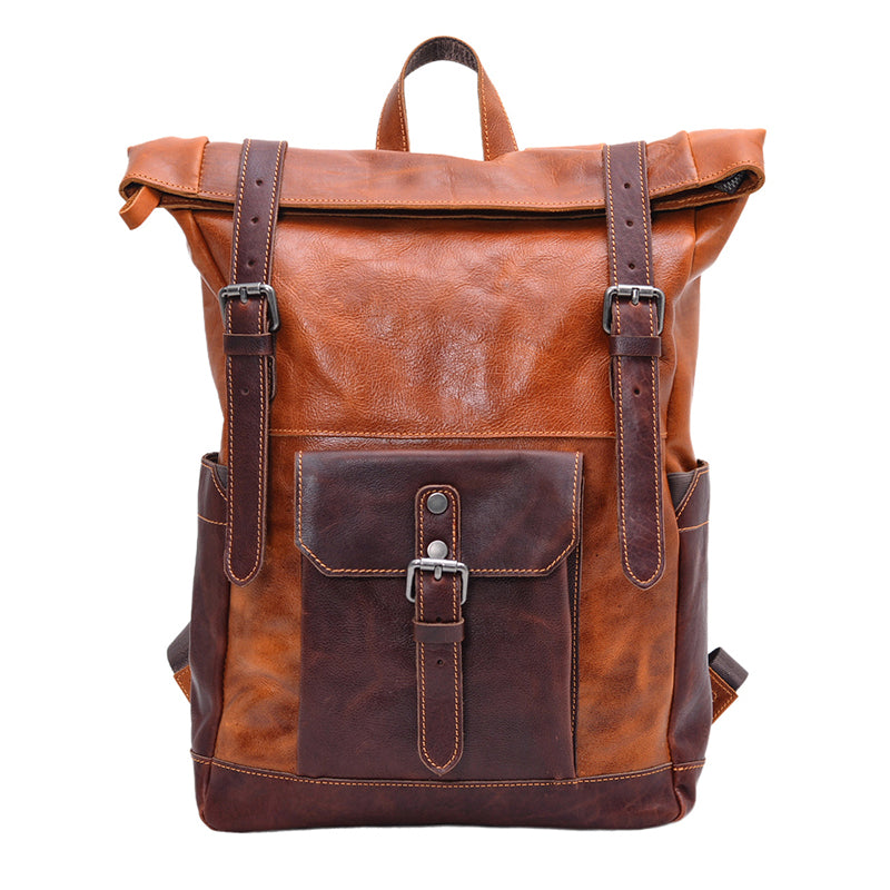Large Leather Backpack For 16In Laptop,Mens Vegetable Tanned Leather Travel Backpack-i7bags in brown and tan color.