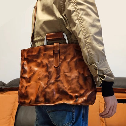 Vegetable Tanned Leather Crossbody Laptop Bag,Handcrafted Wrinkled Tote Briefcase For Men For Women-i7bags