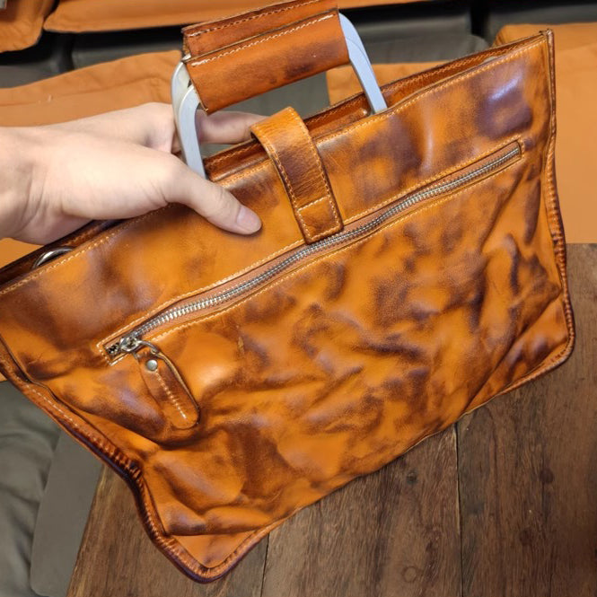 Vegetable Tanned Leather Crossbody Laptop Bag,Handcrafted Wrinkled Tote Briefcase For Men For Women-i7bags